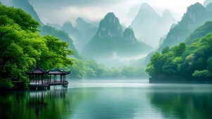 绿色山水亭子