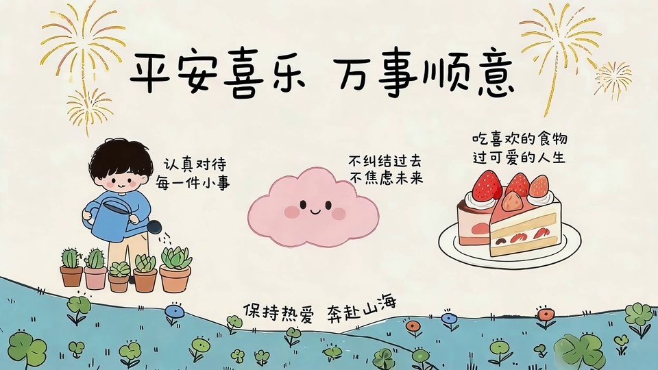 卡通手绘治愈风场景，浅蓝天空下的花草坡地摆放着带笑脸的盆栽多肉与草莓奶油蛋糕，空中绽放暖金色烟花。