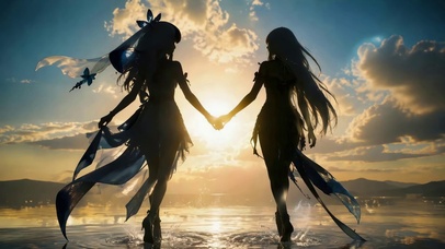 日落水面牵手少女剪影