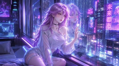 紫发赛博未来都市美少女