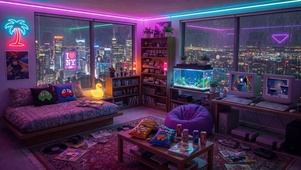 霓虹温馨雨夜房间
