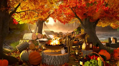 唯美深秋枫林河边篝火