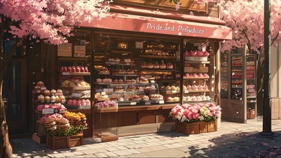 樱花树下浪漫粉色商店