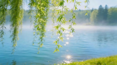 唯美的湖边柳树