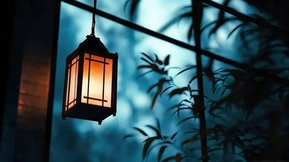 静谧傍晚竹林树影灯笼
