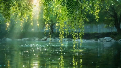 湖面碧绿柳树