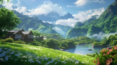 草原小溪和小屋