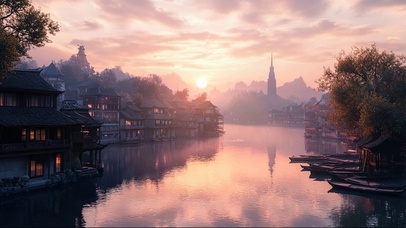 粉色古城落日唯美倒影