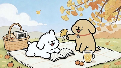 秋日野餐线条小狗