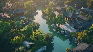 朦胧园林河流庭院景观