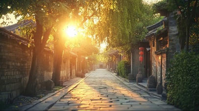 静谧春日柳树古城街景