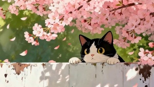 樱花树木下两只猫咪带鱼屏