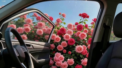 车窗外鲜花