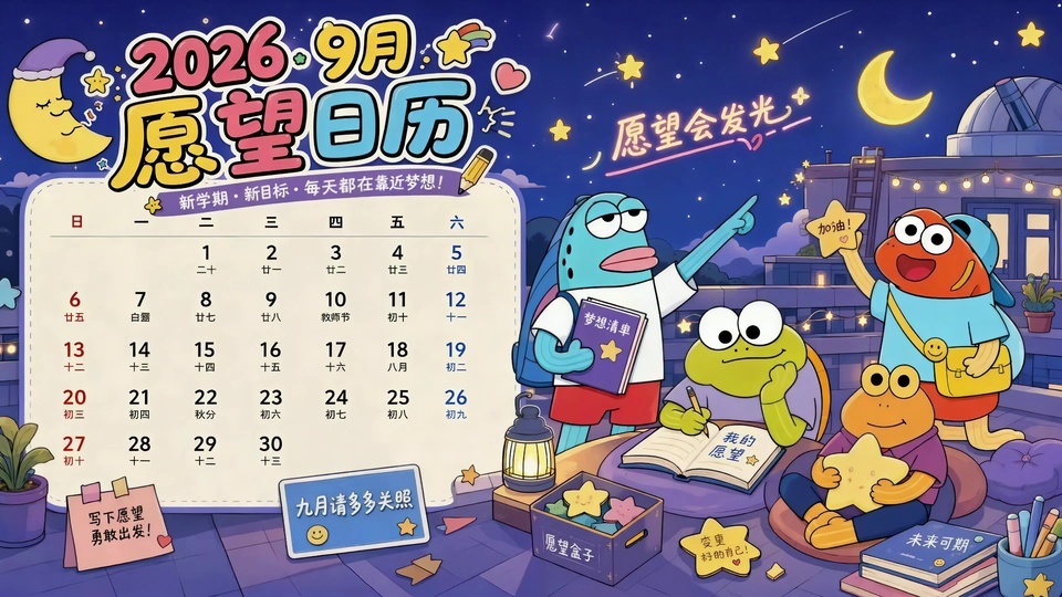 2026年9月愿望主题卡通天台插画