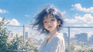夏风拂蓝发