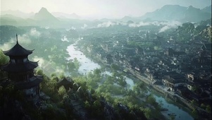 远眺江河古风小镇风景