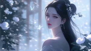 古风林中飘雪美女