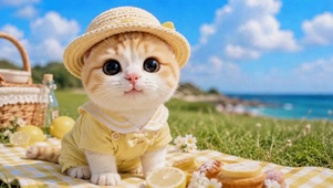 夏日海边野餐可爱小猫