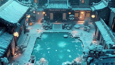 蓝调冬日庭院飘雪池塘