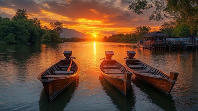 静谧落日湖面木船