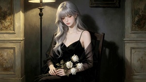 氛围感银发黑裙玫瑰美少女