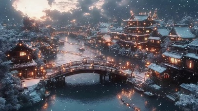 圣诞雪花古风溪流小镇