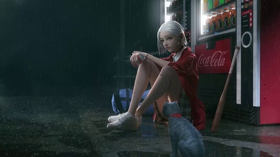 雨夜 街道棒球美少女和猫 4K