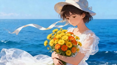 海边拿鲜花女孩