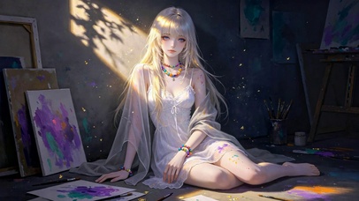 画室温柔银发美少女