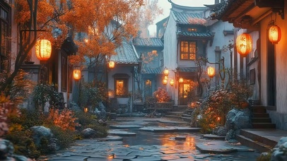 秋日小雨古城古风建筑