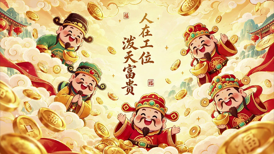 红金国风Q版插画，五位身着不同配色传统官服、头戴官帽的形象立于云间，身周散落带福字金币与金元宝，背景可见中式古建筑飞檐与山水轮廓，左侧有竖排书法“人在工位 泼天富贵”及福字印章。