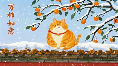 雪中柿子树下的大橘猫万柿如意