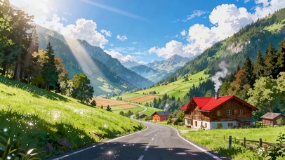 清新风户外山路花草蓝天白云小屋
