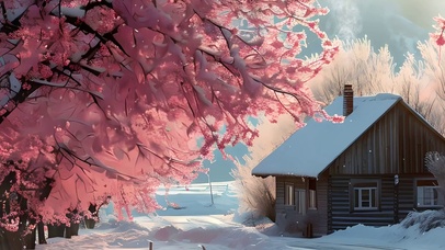 雪景樱花树木房屋宽屏