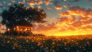 黄昏下的花海大树商店