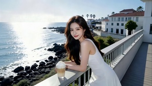 海边别墅阳台看海的长发美女