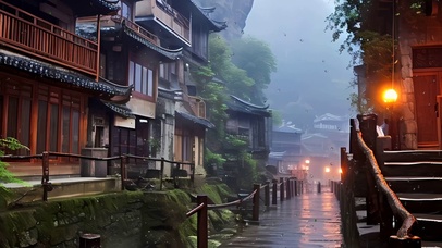 古风雨天树木房屋带鱼屏