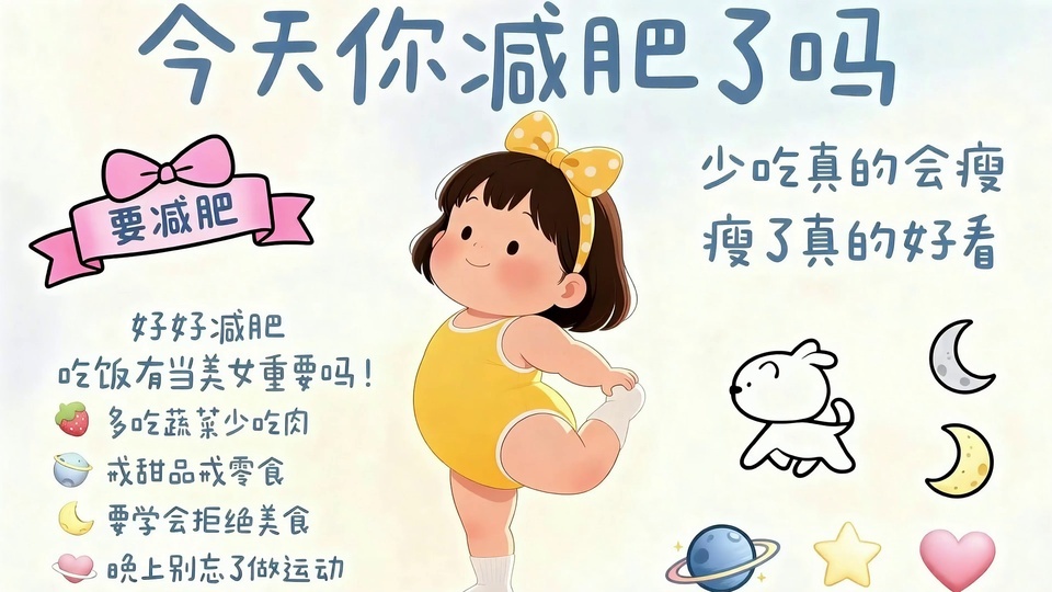 卡通插画风格的减肥主题壁纸，中间是做拉伸动作的圆脸胖小女孩，四周分布励志文字和可爱小装饰。