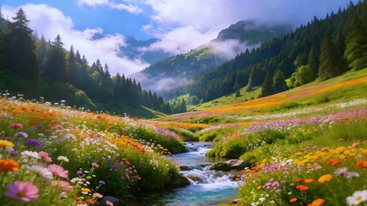 溪畔漫山花