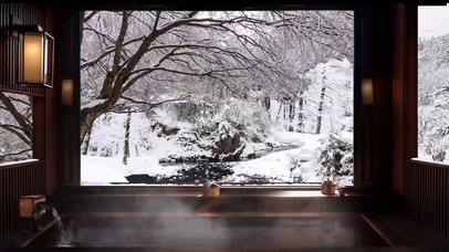冬季飘雪山林温泉