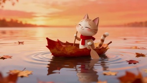 秋天划船的猫咪
