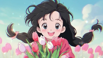 手捧郁金香治愈动漫插画女孩