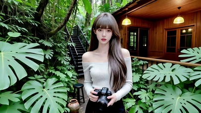 丛林小屋处拍摄自然风景的美女3