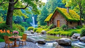 4k青苔河流小屋