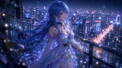 赛博都市雨夜蓝发美少女
