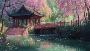 古亭小桥湖畔春日景象