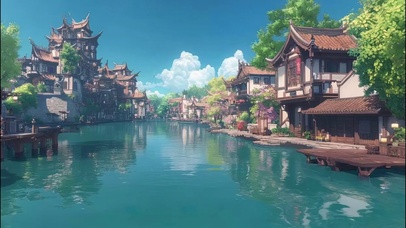 晴天白云水乡古镇风景