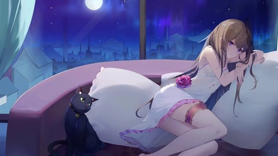 夜晚睡衣少女与猫