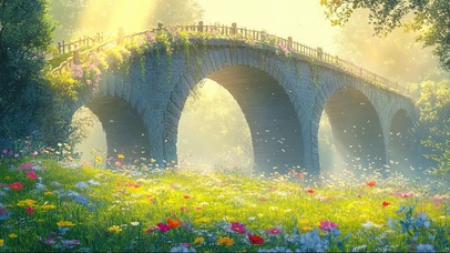 春日浪漫草地花海古桥