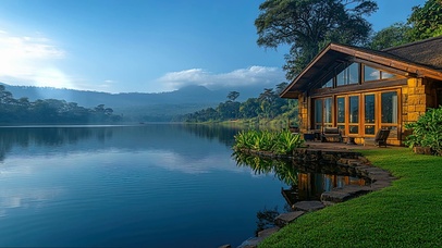 阳光蓝天湖畔小屋